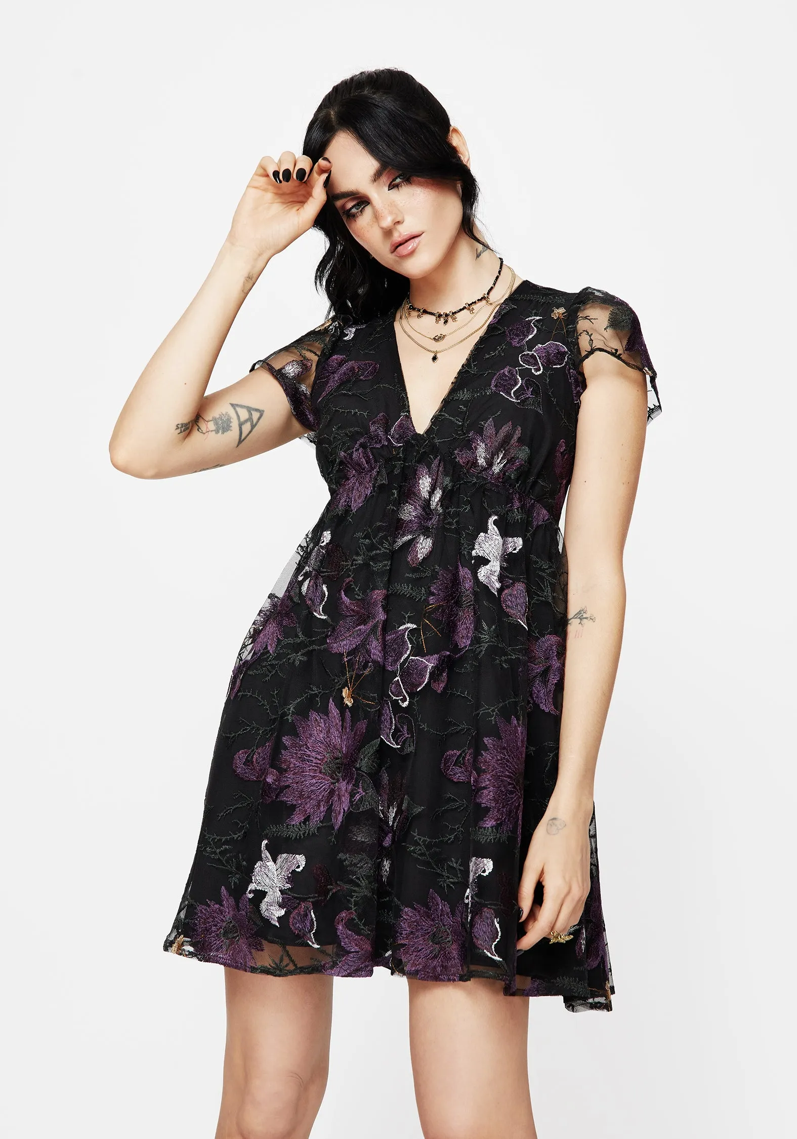 Fresh Twist Estrid Embroidered Mesh Flute Sleeve Mini Dress