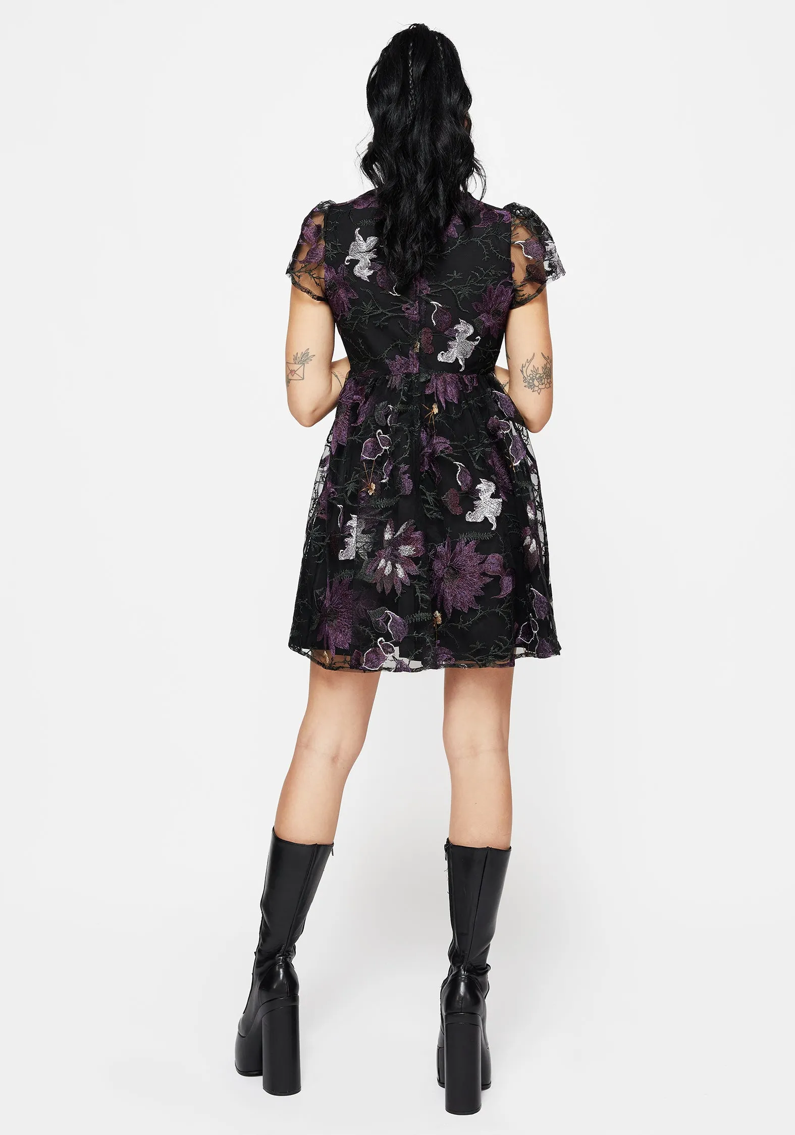 Glow Queen Estrid Embroidered Mesh Flute Sleeve Mini Dress