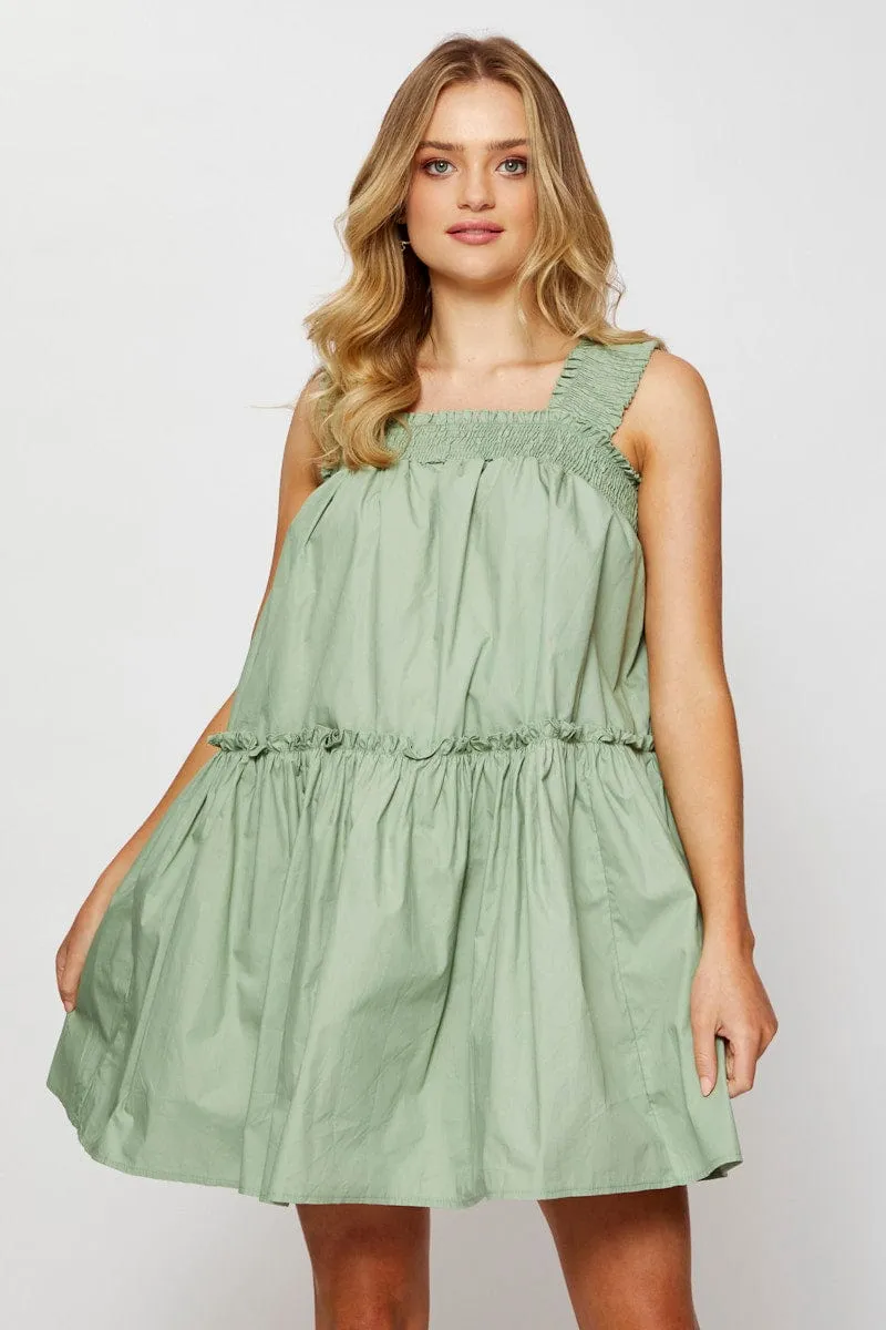Edge Mode Green Mini Dress Sleeveless Square Neck