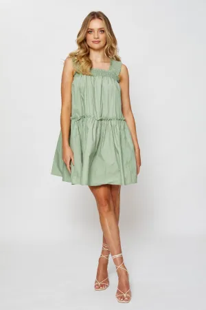 Boho Look Green Mini Dress Sleeveless Square Neck