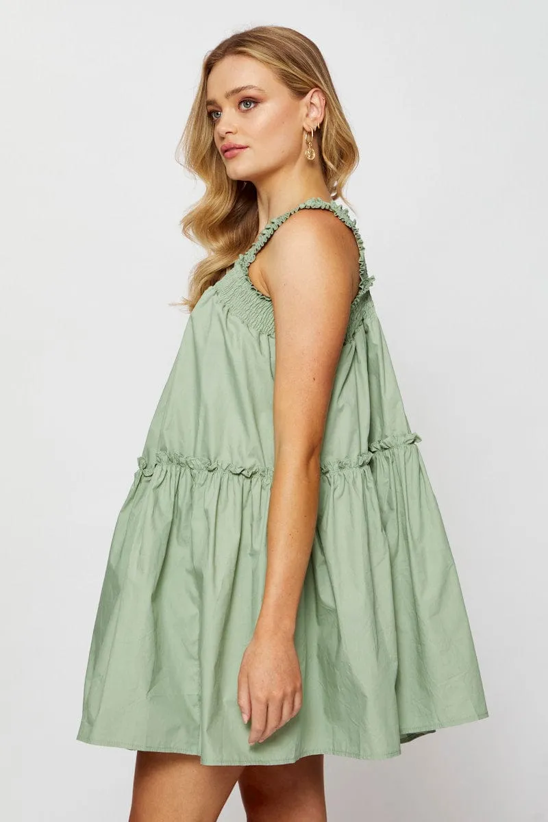 Green Mini Dress Sleeveless Square Neck Floral Chic Design Light and breezy mini
