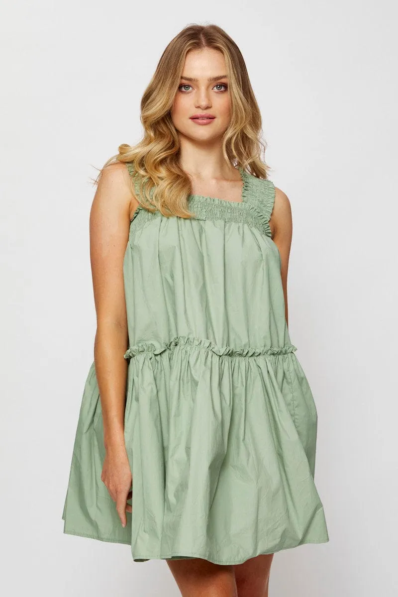 Green Mini Dress Sleeveless Square Neck Boho Look Beat Hot