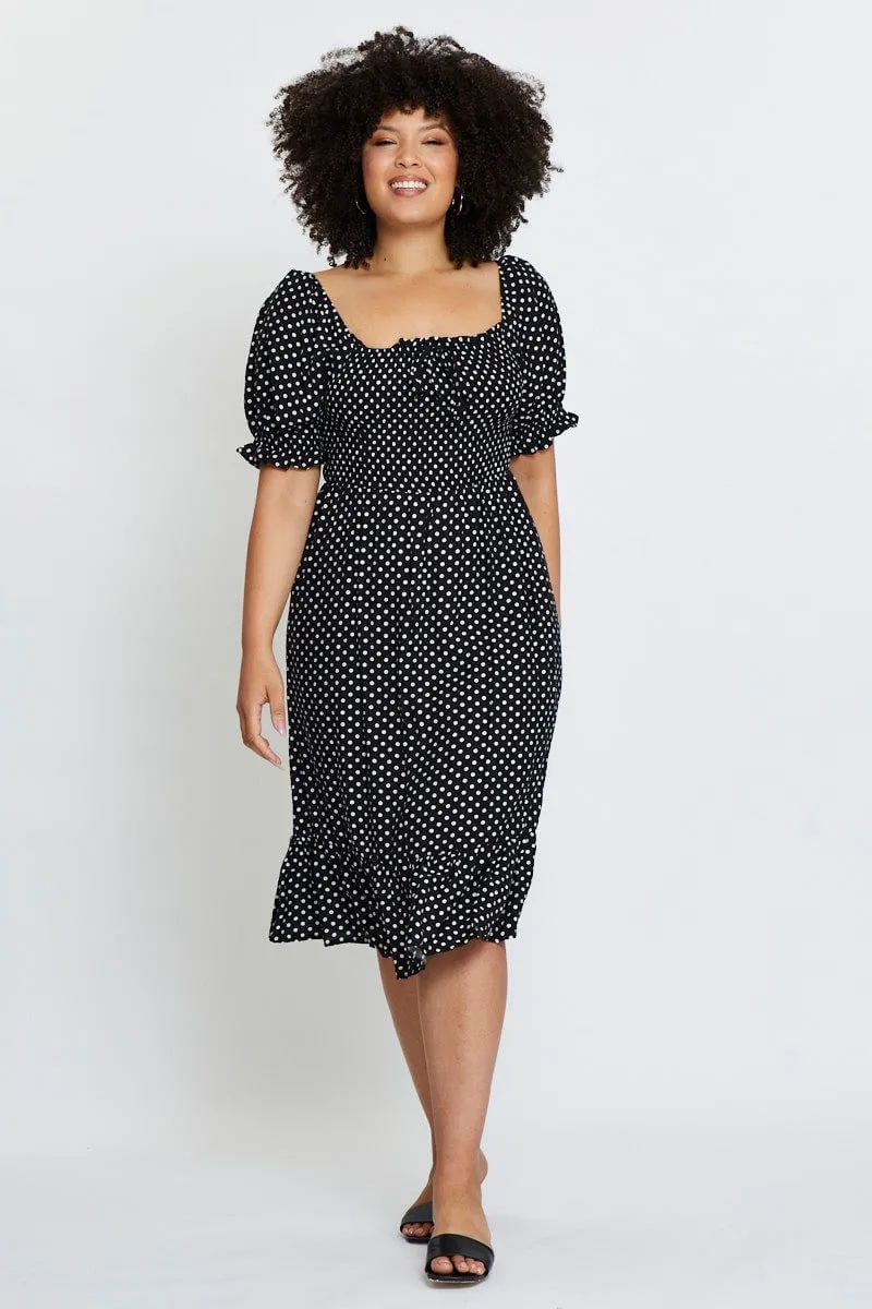 Polka Dot Skater Dress Square Neck Short Sleeve Work Ready Outfit Plus Fit