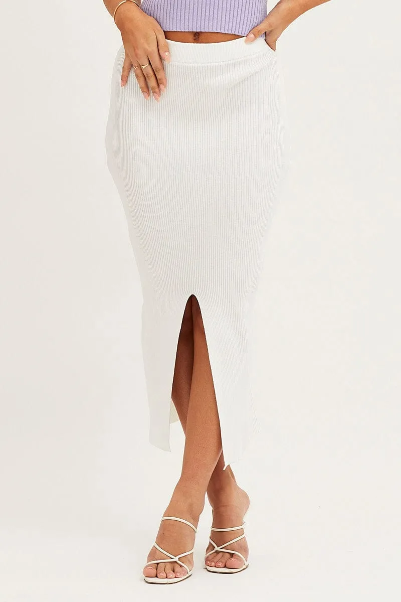White Slit Knit Midi Skirt Stretch Fabric Balanced Outfit