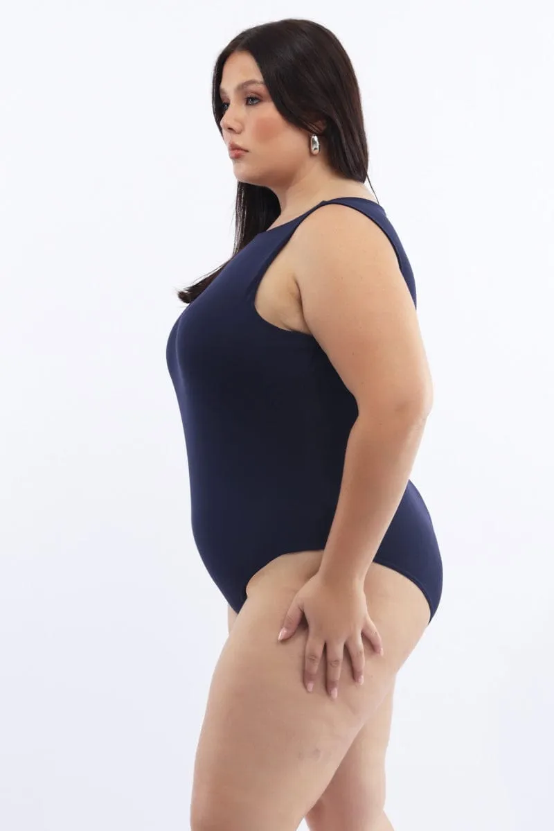 QuickReleaseClosure StretchableFabric Blue Bodysuit Sleeveless Boat Neck Modal