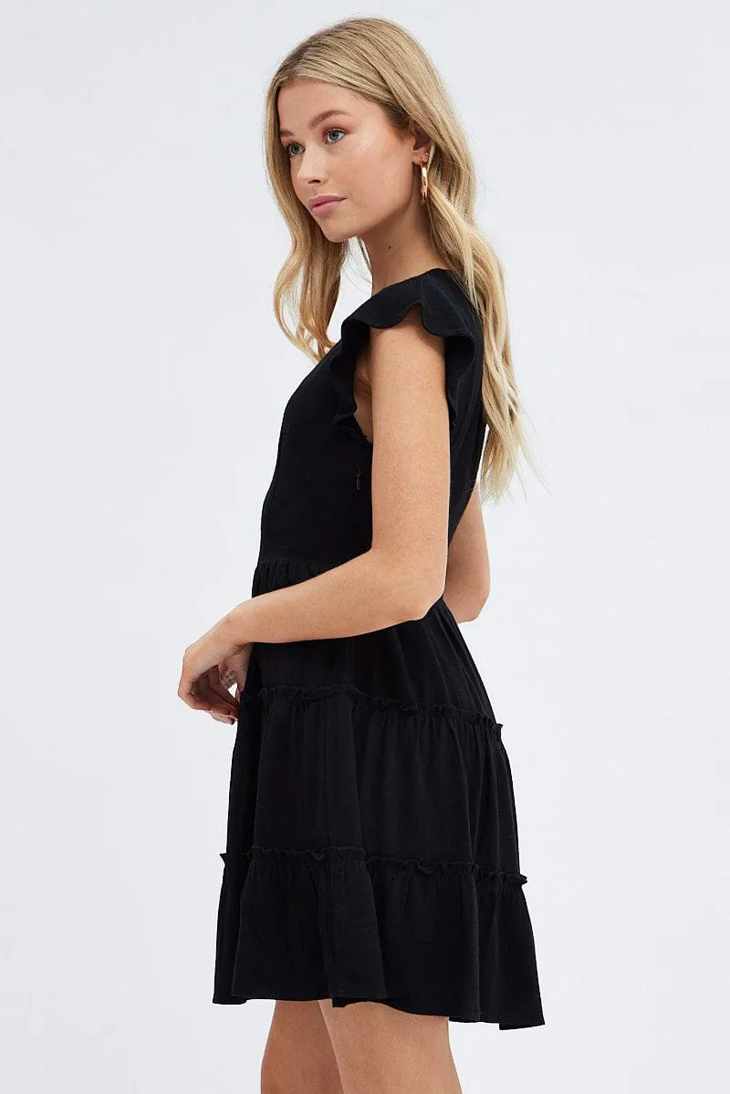 Black Fit and Flare Dress Short Sleeve V-Neck Free Fit Cozy Pajamas
