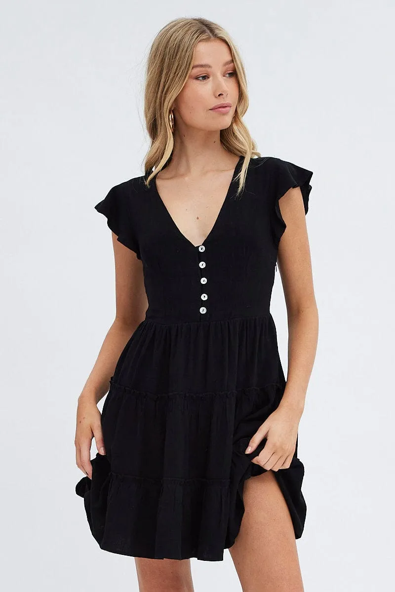 Cozy Sweater LightweightKnit Black Fit and Flare Dress Short Sleeve V-Neck