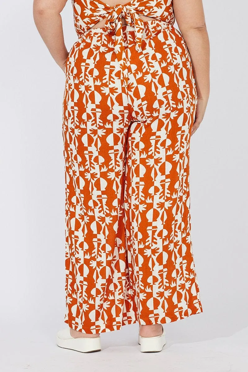 Multi Abstract Wide Leg Pants High Rise DurableConstruction