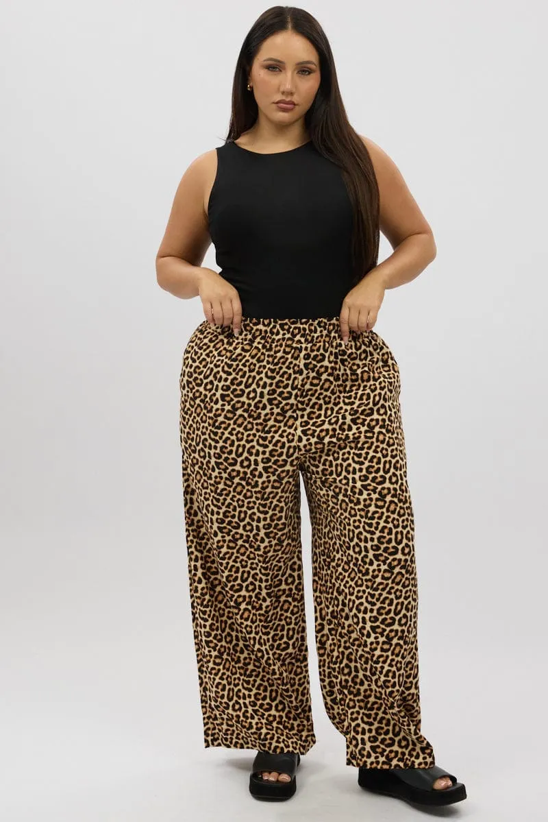 Black Animal Print Wide Leg Elastic Waist Pants Anti Snag Fabric