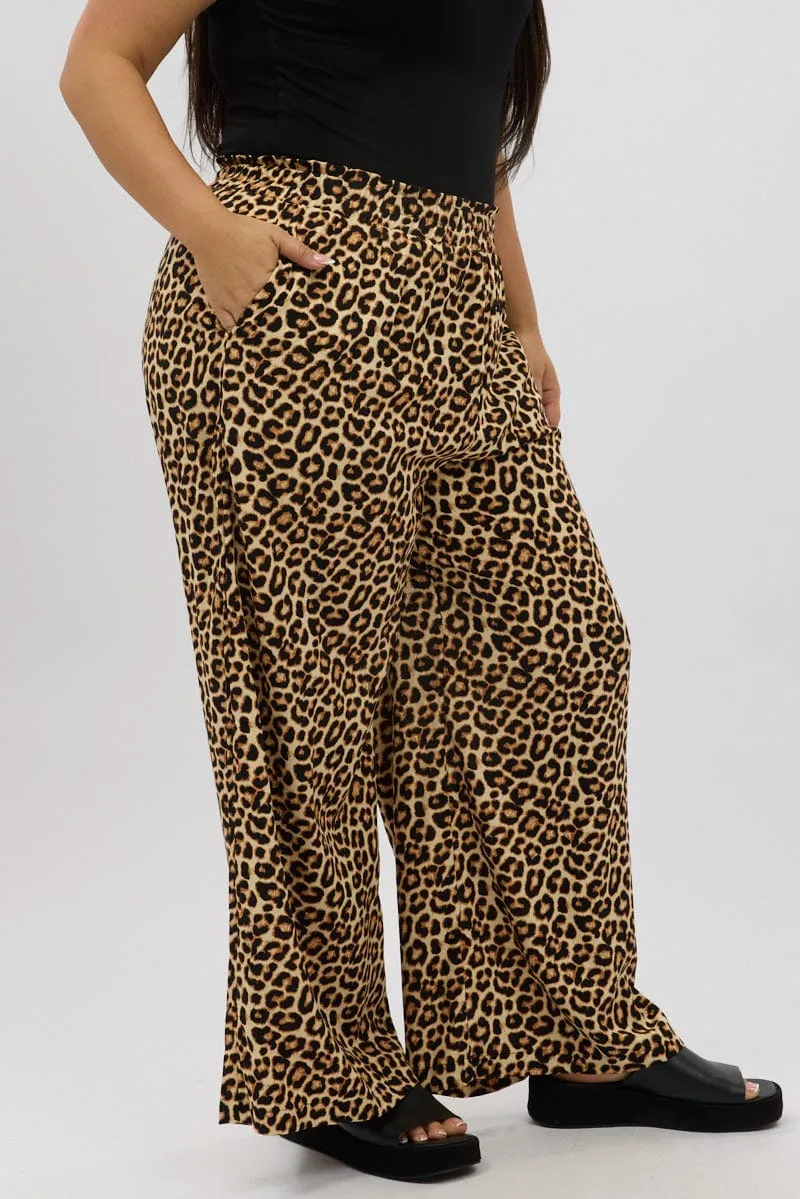 Black Animal Print Wide Leg Elastic Waist Pants Rubberized grip