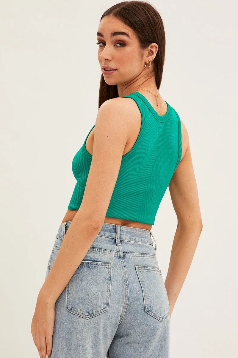 FourWay Stretch StretchableFabric Green Tank Top Sleeveless Crew Neck Seamless