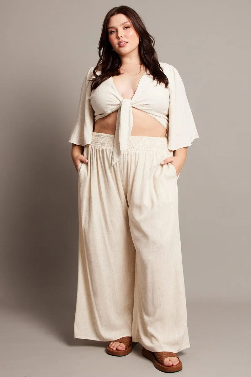 Relaxed Comfort Wear Beige Shirred Waist Wide Leg Pants