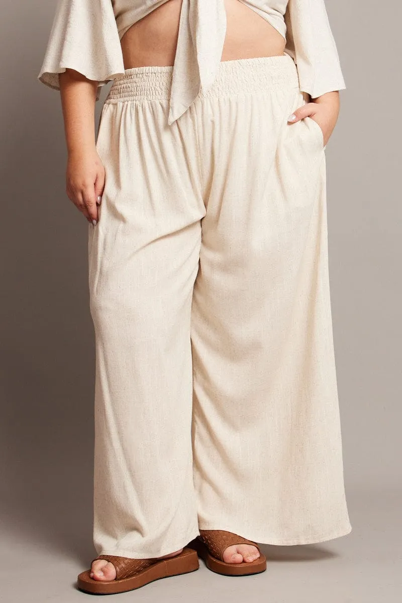 Beige Shirred Waist Wide Leg Pants High-waisted fit EasyCareFabric