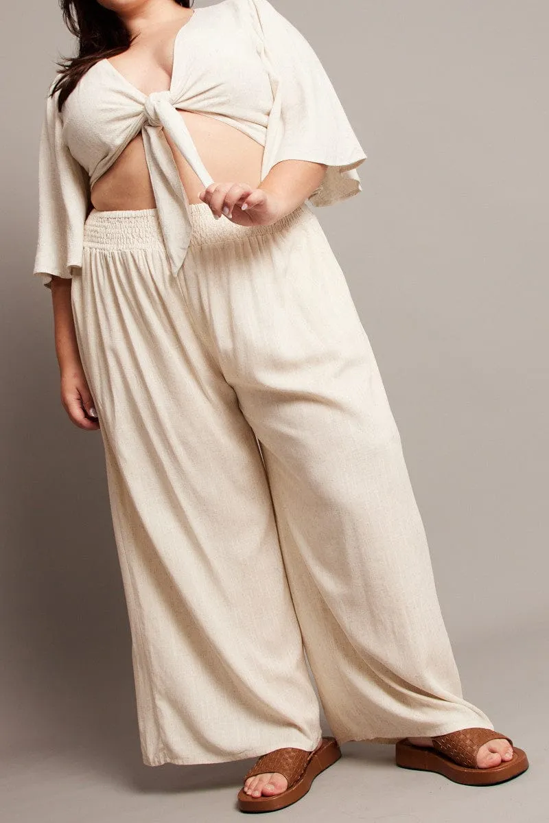 Beige Shirred Waist Wide Leg Pants All-day Comfort