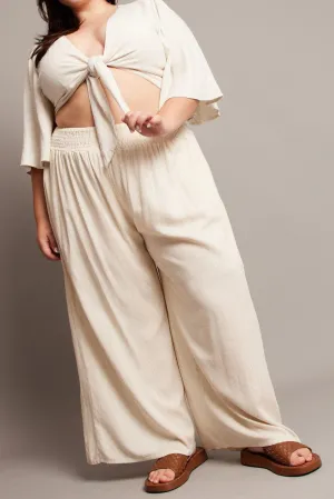 Beige Shirred Waist Wide Leg Pants All-day Comfort