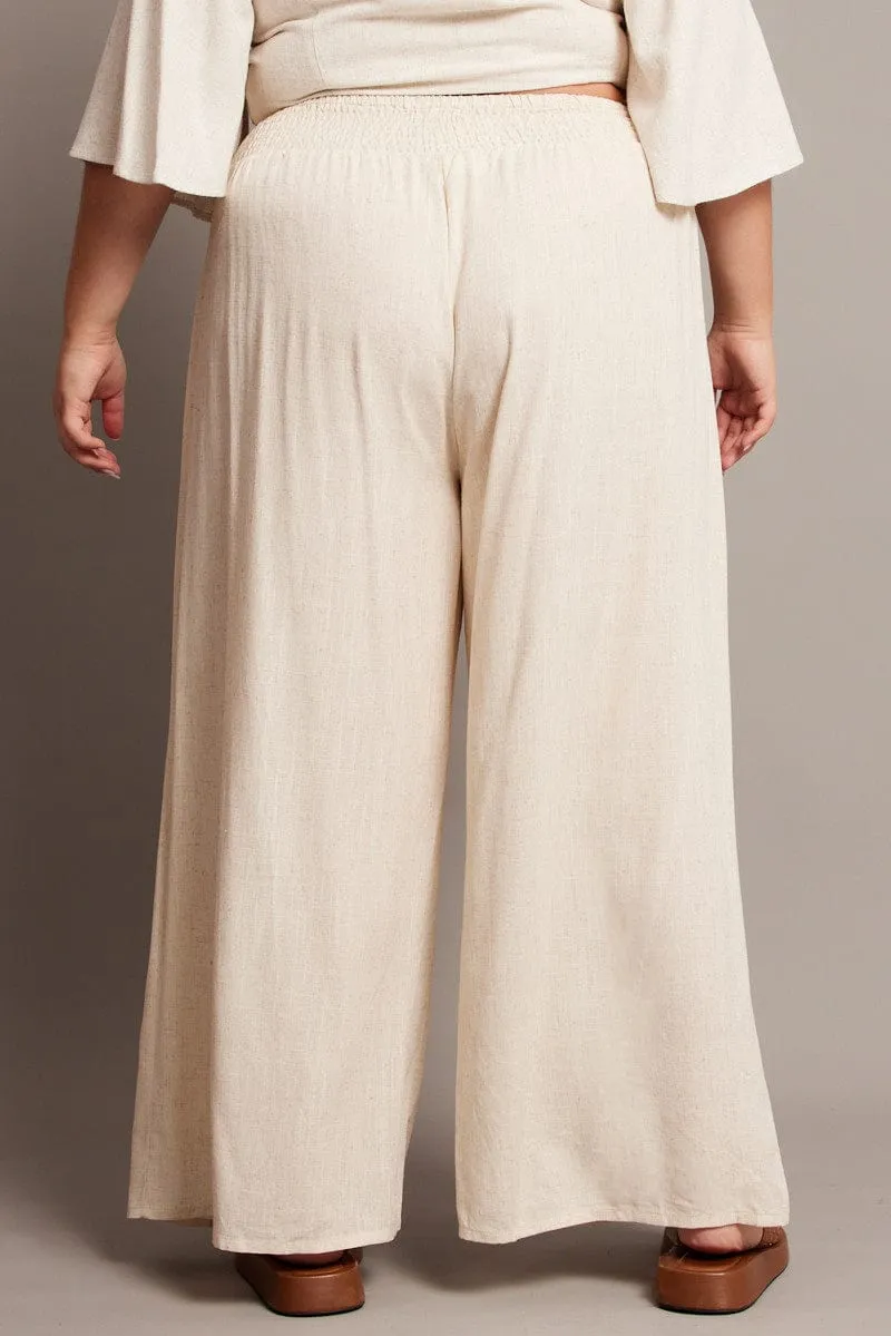 anti static Beige Shirred Waist Wide Leg Pants