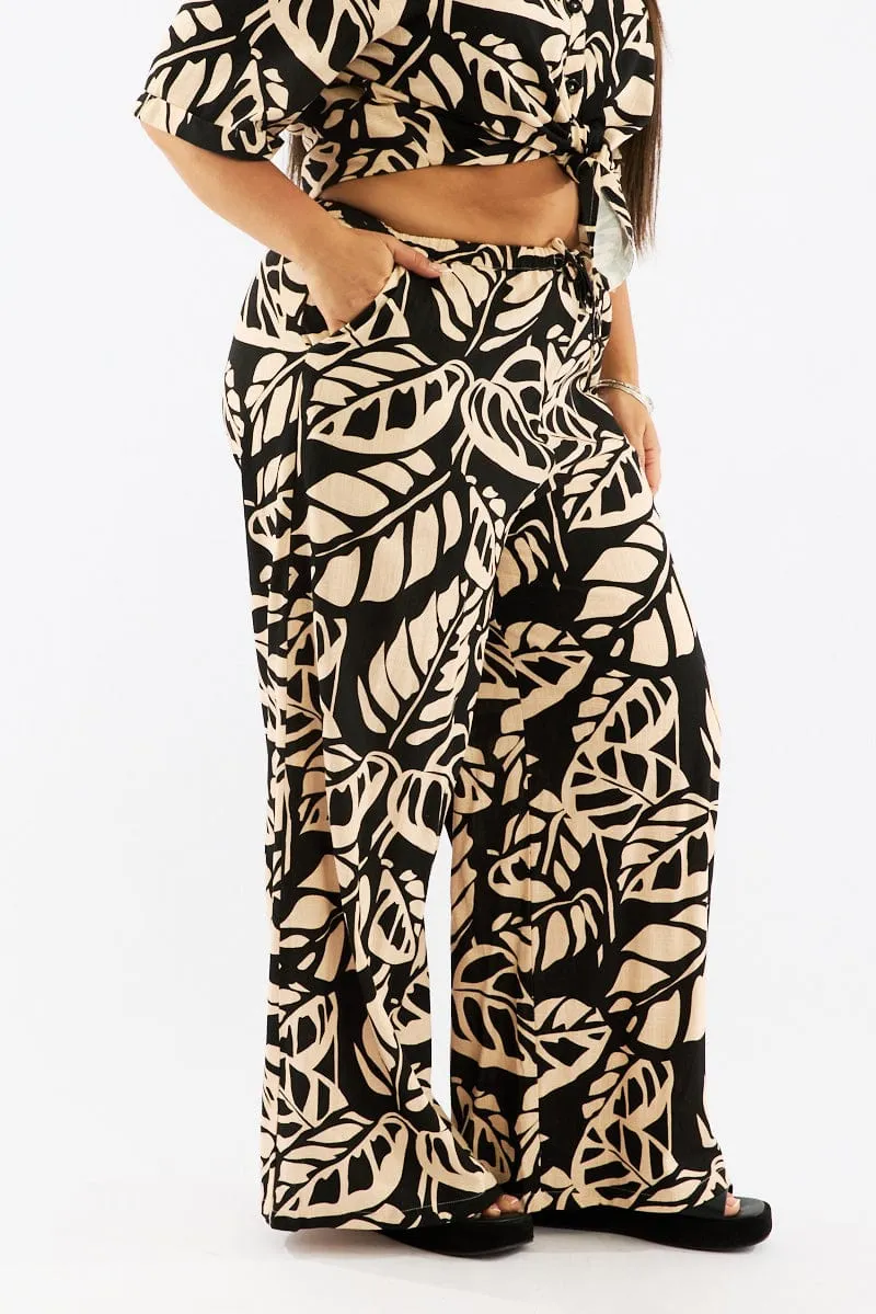 Freedom Motion Smart Motion Black Floral Wide Leg Pants High Rise