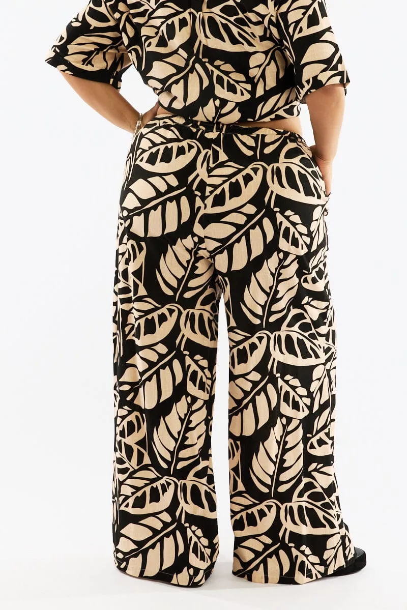 SoftCottonBlend Black Floral Wide Leg Pants High Rise