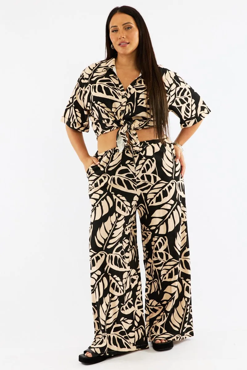 Black Floral Wide Leg Pants High Rise Cozy Stretch