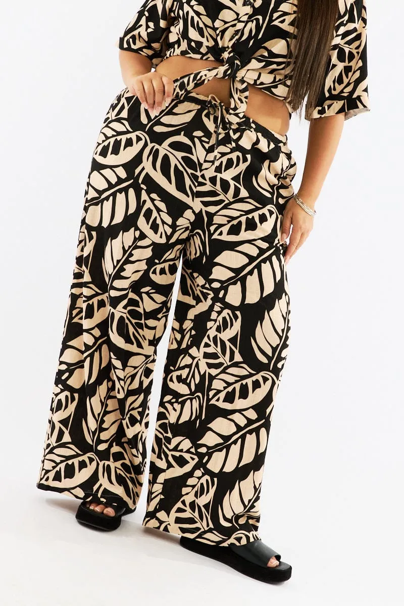 MachineWashableFabric Black Floral Wide Leg Pants High Rise