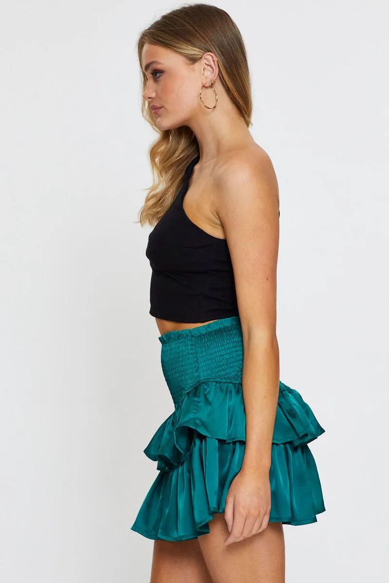 Green Mini Skirt Shirred Waist Satin Comfortable Motion Summer Outfit