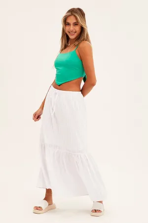 Soft Layers Synthetic Blend White Midi Skirt Tiered Textured Thin Tie Waist