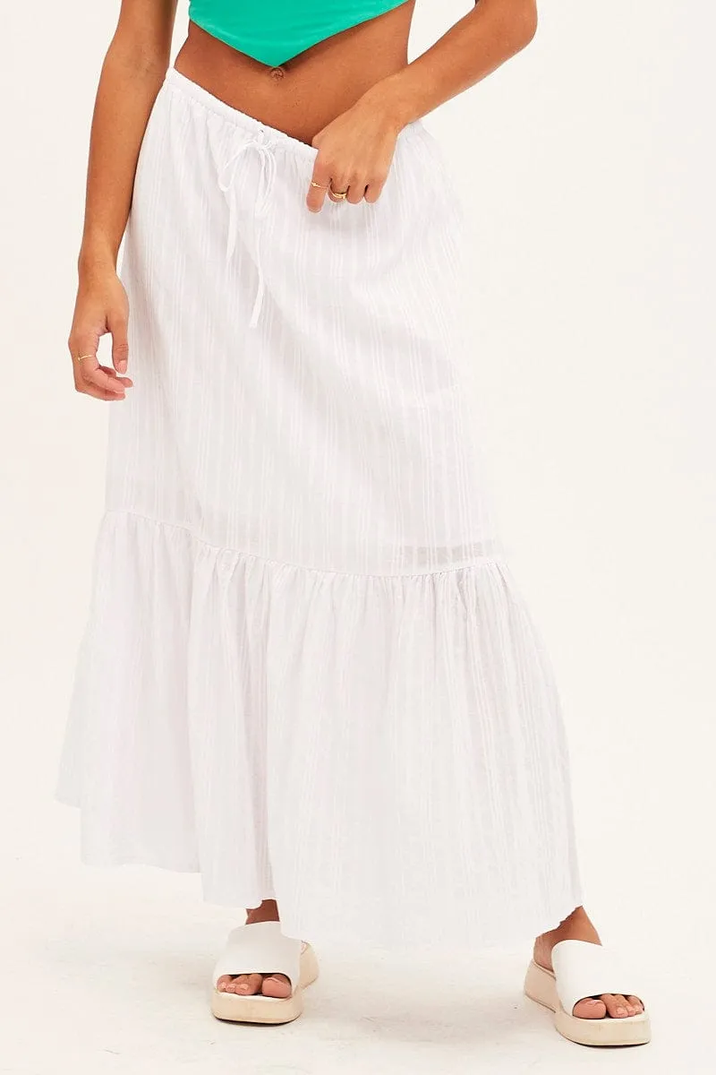 Outfit Focus Elegant Texture White Midi Skirt Tiered Textured Thin Tie Waist