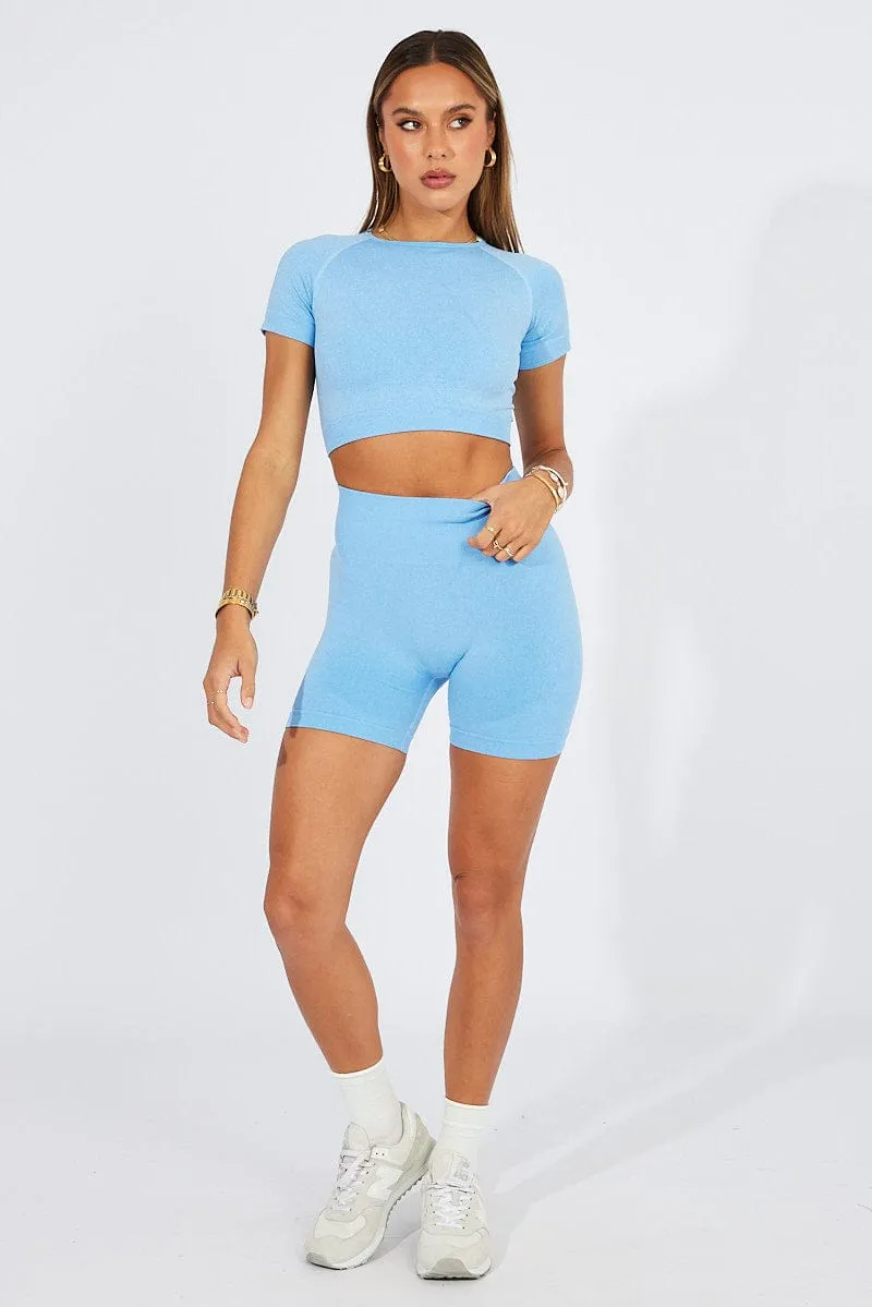 Noble Core Trust Glow Blue Seamless Top And Shorts Activewear Set