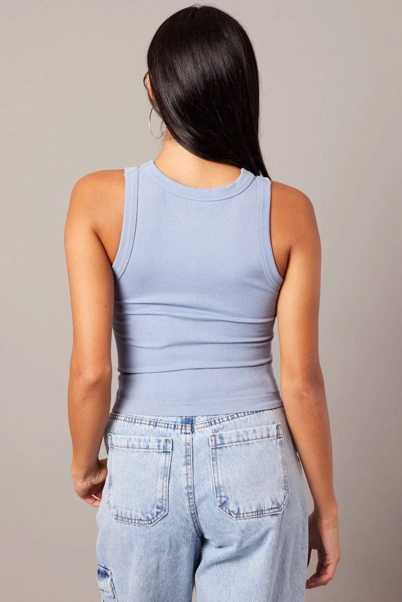 Blue Tank Top Crew Neck Seamless Comfortable Design Placket Closure