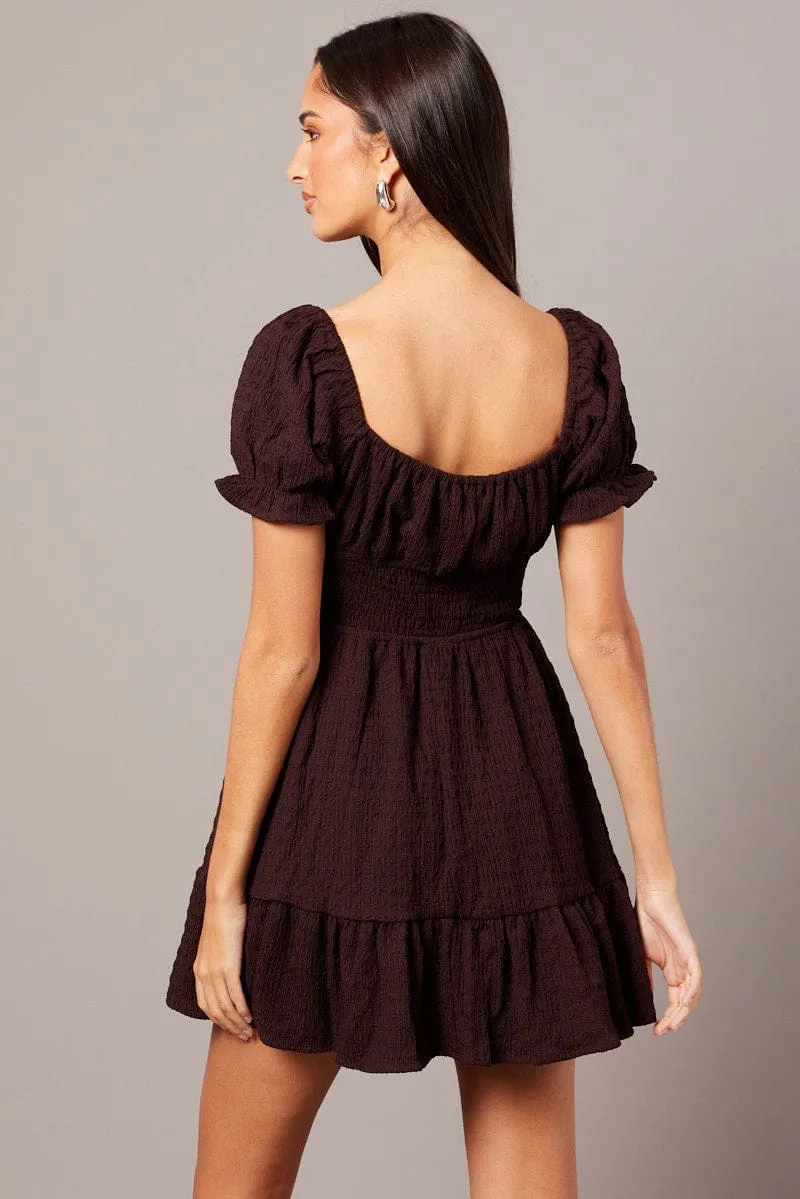 Spirit Core Elite Vibe Brown Fit And Flare Dress Puff Sleeve Textured fabric