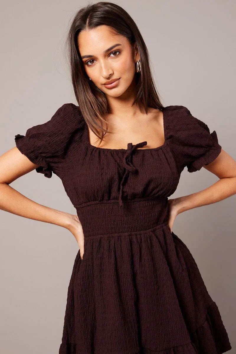 Brown Fit And Flare Dress Puff Sleeve Textured fabric Korean Fresh