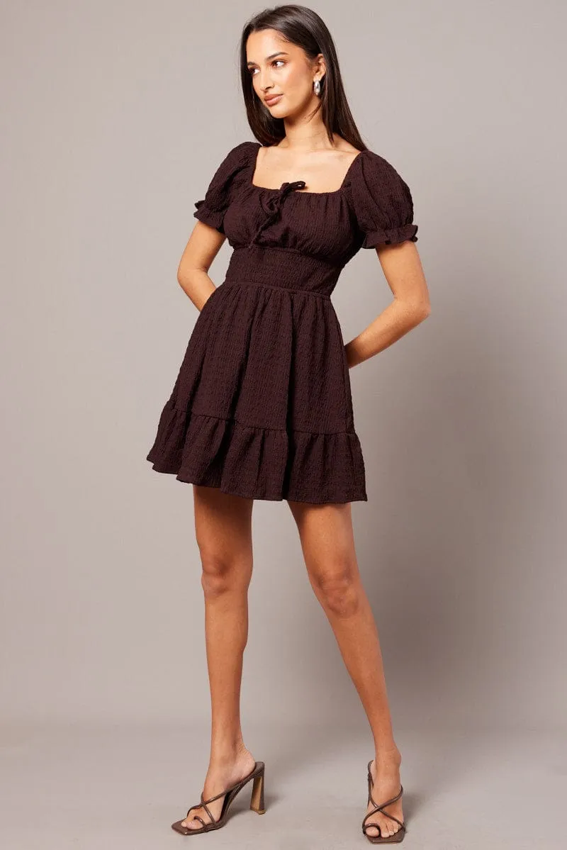 Brown Fit And Flare Dress Puff Sleeve Textured fabric Simple Layering Workwear Essentials