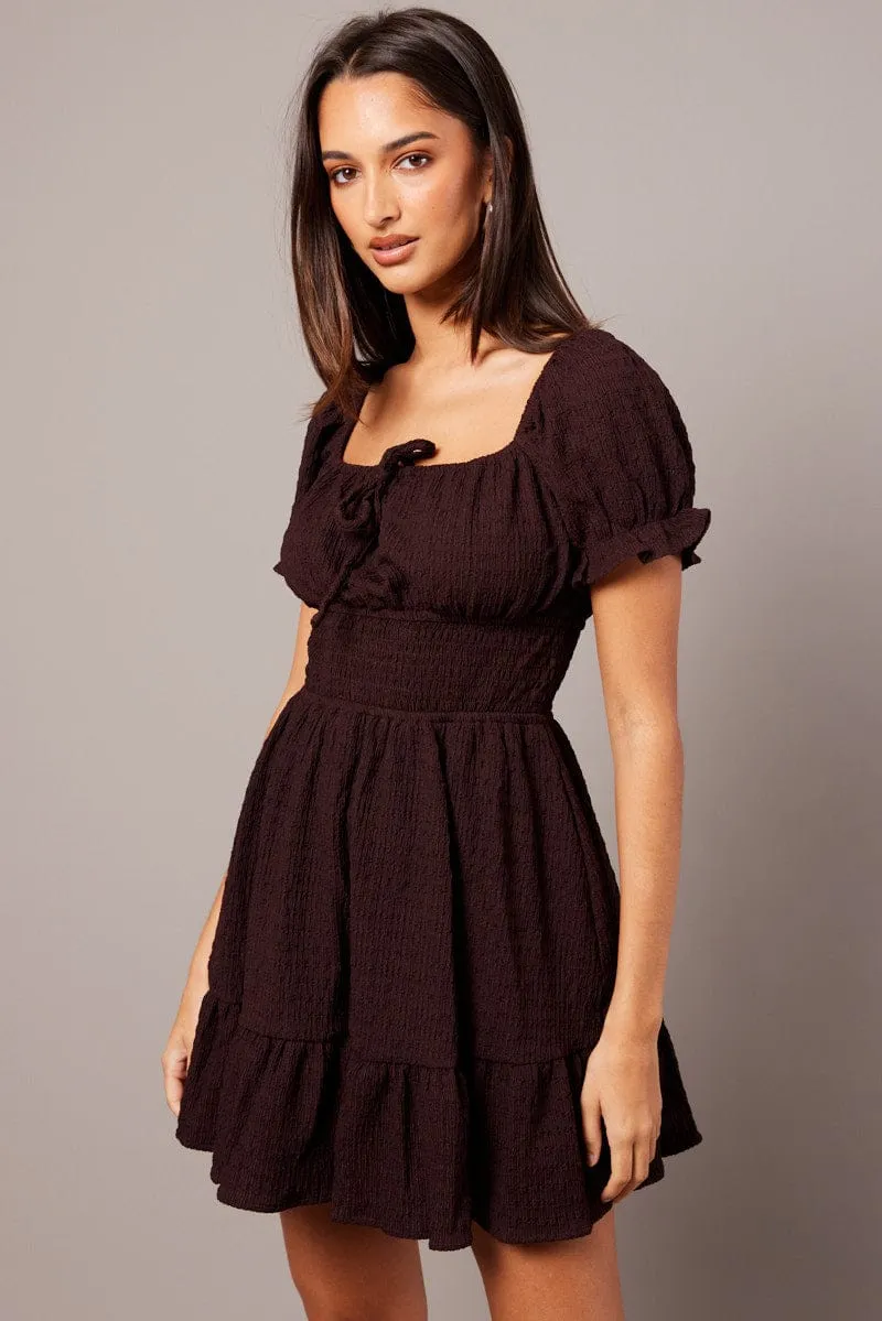 Stylish Bottom Brown Fit And Flare Dress Puff Sleeve Textured fabric