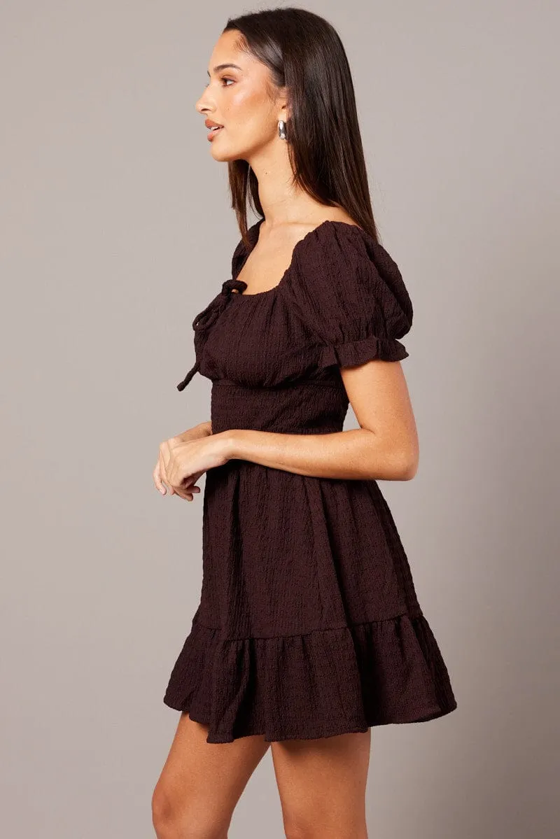 Brown Fit And Flare Dress Puff Sleeve Textured fabric Reinforced Edges