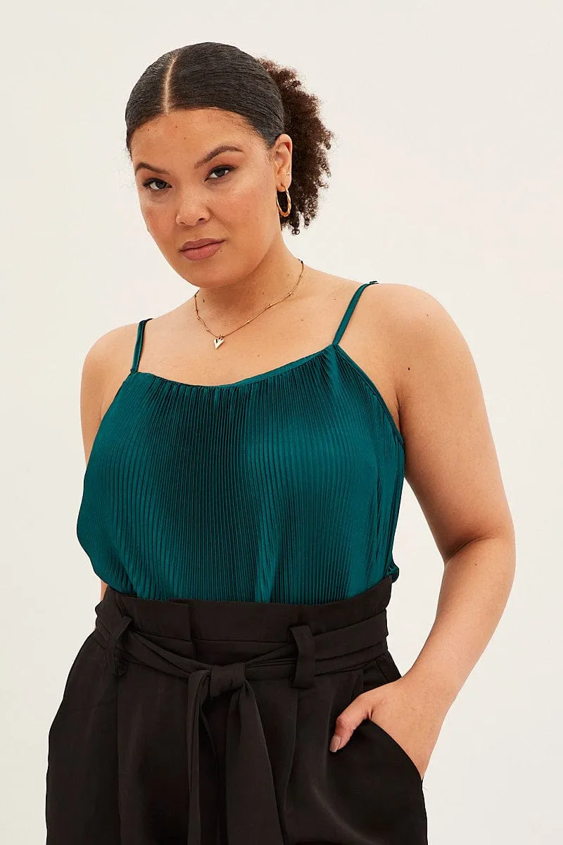 SnagProofMaterial Opaque Tone Green Plisse Top Sleeveless