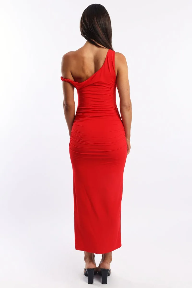 Village Charm Flex Fit Red Bodycon Dress Twist Off Shoulder