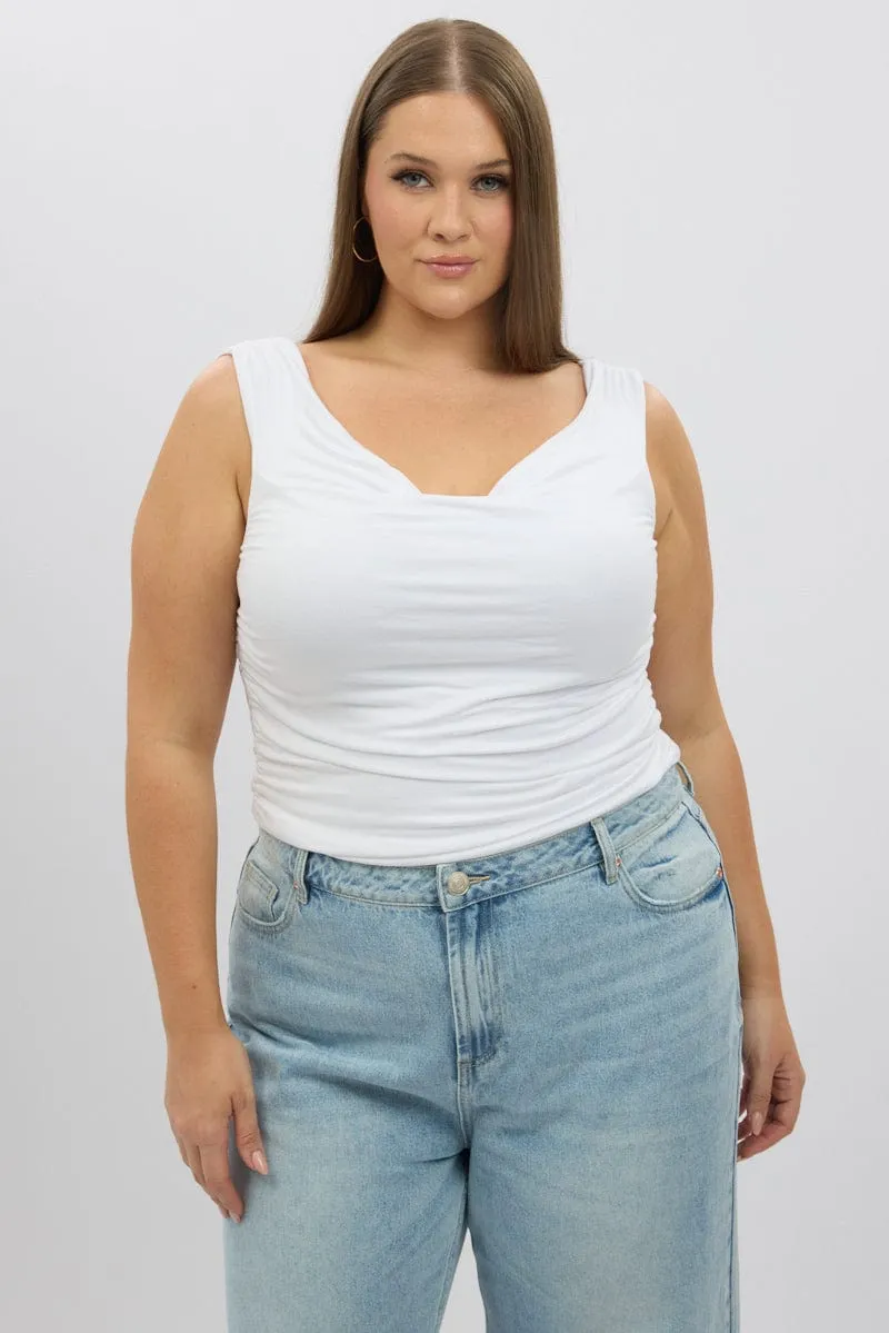 Minimalist Style White Tank Top Cowl Neck Side Ruched