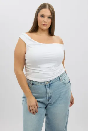 ElasticBinding Breezy Fit White Tank Top Cowl Neck Side Ruched