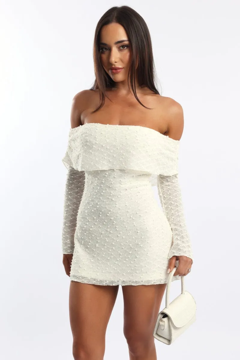 Adjustable Drawcord White Off Shoulder Dress Long Sleeve