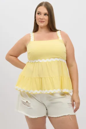 Casual Trend Holiday Ease Yellow Smock Top Sleeveless Ric Rac