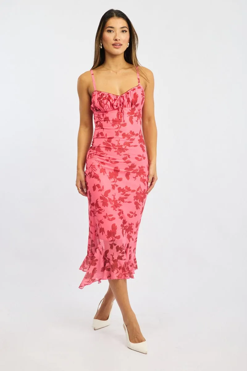Pink Floral Bodycon Dress Midi Formal Shirt