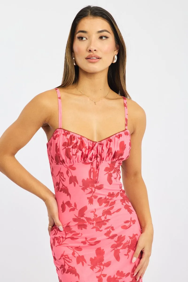 Style Mood Pink Floral Bodycon Dress Midi