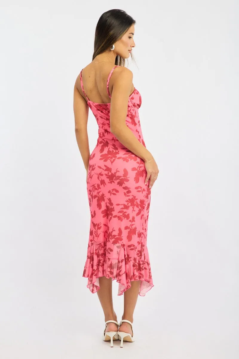 Repair Fit Fashion Core Pink Floral Bodycon Dress Midi