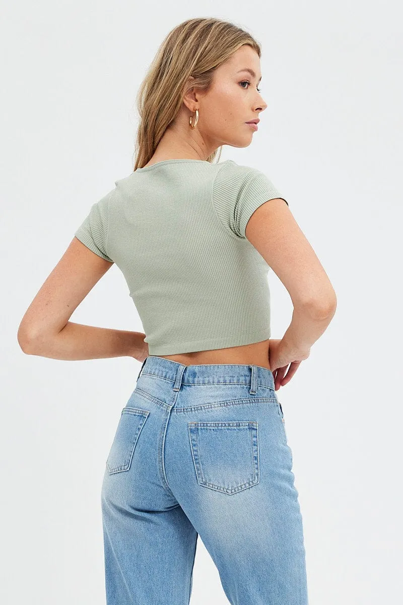 MoistureControl Fabric Green T Shirt Short Sleeve V Neck Seamless