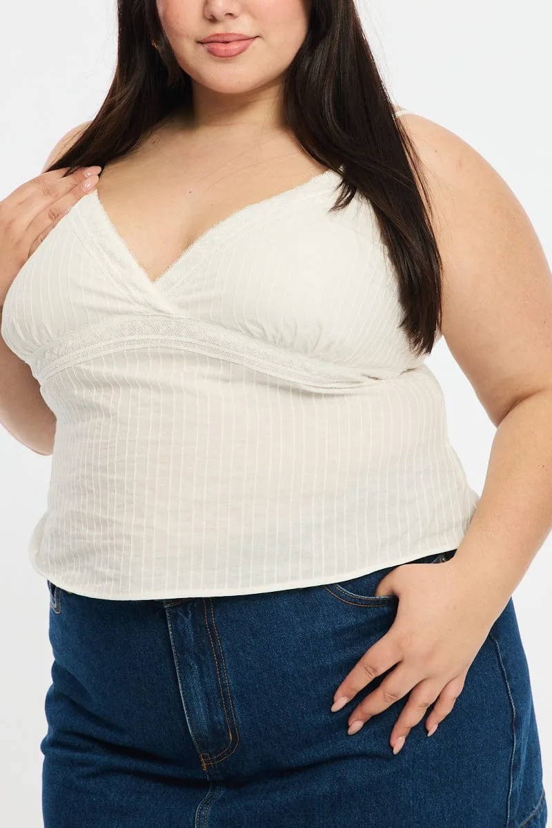 Trend Vibe White Cami Top Self Stripe Cross Over