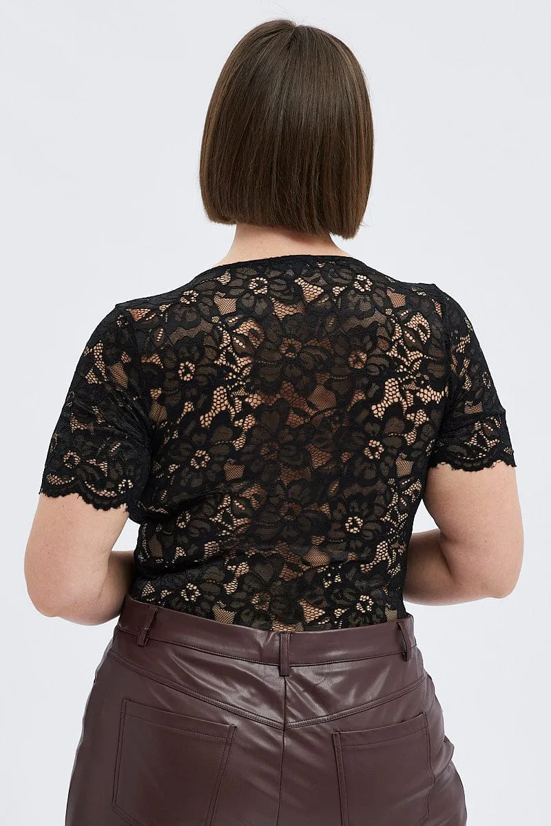 Black Lace Bodysuit Short Sleeve QuickAccess Pockets OdorControlTech