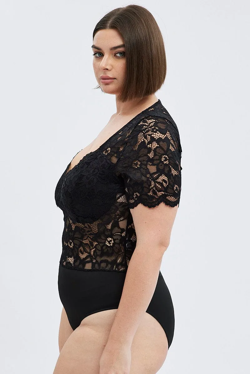 Minimalist Style SheerLayeredPanels Black Lace Bodysuit Short Sleeve