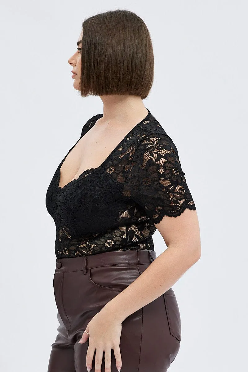 Stylish Scarf Black Lace Bodysuit Short Sleeve