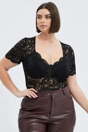 ReinforcedHem FormFitting Cut Black Lace Bodysuit Short Sleeve