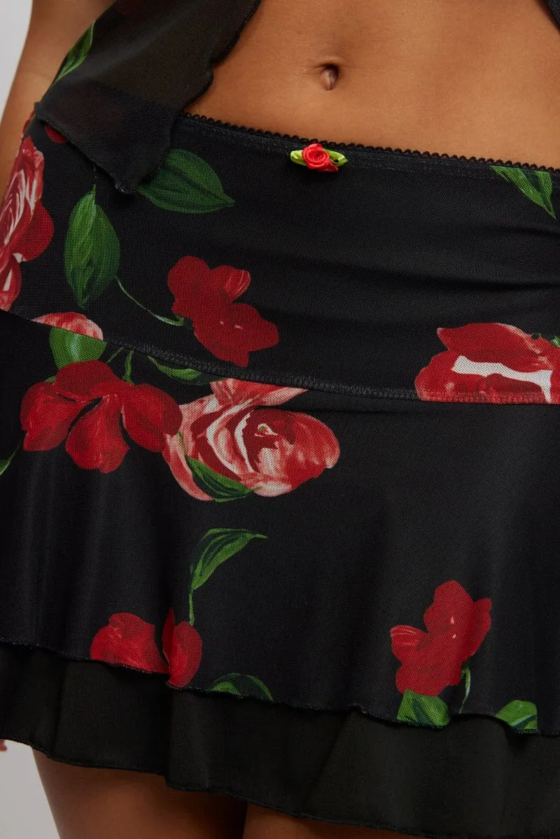 Versatile Fit Heat Dissipating Fabric Black Floral Mini Skirt Elasticated Waist Skater Layered Mesh